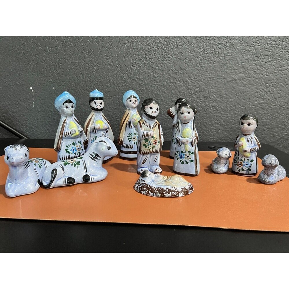 Mexican Tonala Nativity Set Burnished Pottery Folk Art 12 Piece Vintage
